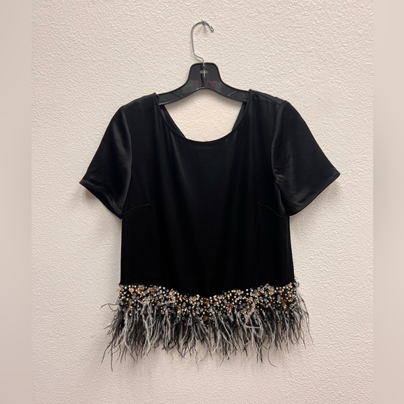 St. John Tops - St. John Satin Hand Beaded With Black & White Feathers Top Size S